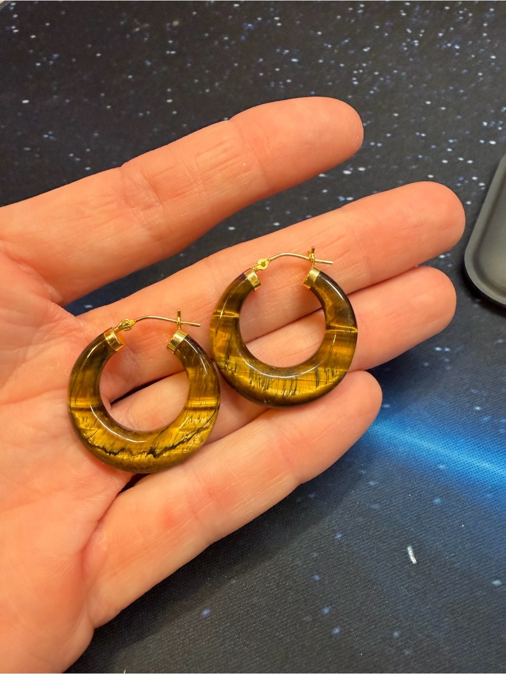 Stunning 14K Yellow Gold Tigers Eye Hoop Earrings
